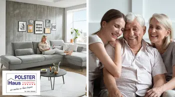 Gemütliche Wohnlandschaft in modernem Wohnzimmer mit grauem Ecksofa, stilvollen Wandbildern und dekorativer Einrichtung. Frau entspannt mit Tablet. Logo Polster Haus Salzwedel für hochwertige Polstermöbel und bequeme Wohnideen.